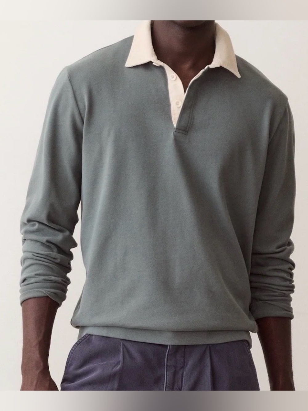 Marine Layer Long-Sleeve Polo in Sage Green with Cream Collar